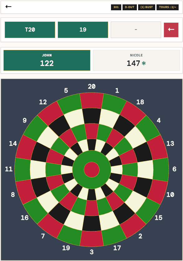 Capture d'écran de l'interface Score Darts en mode 301, montrant le score des joueurs et la cible interactive