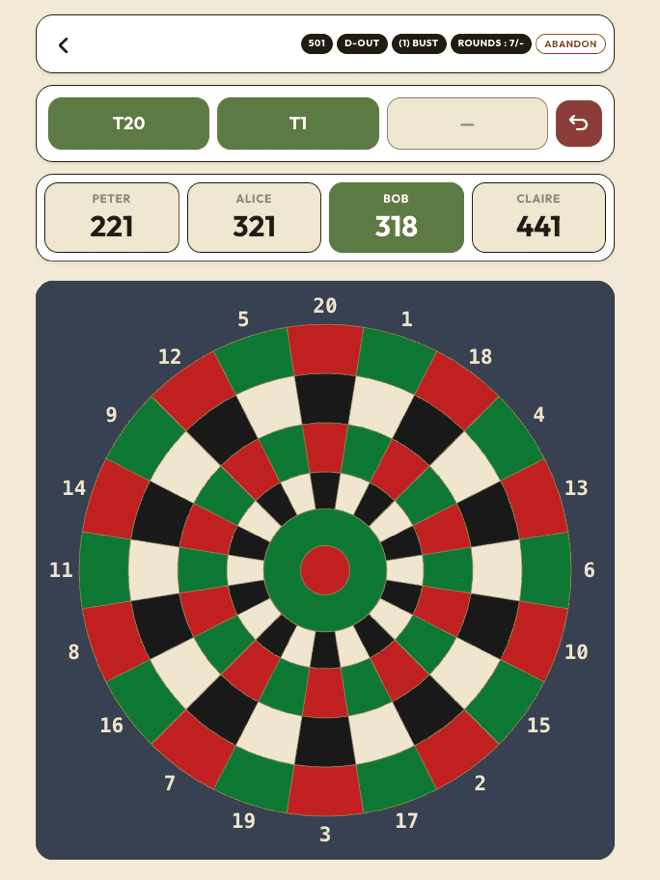 Screenshot of the Score Darts 501 mode interface, showing player scores and the interactive dartboard