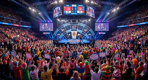Tournoi moderne de fléchettes PDC avec public nombreux